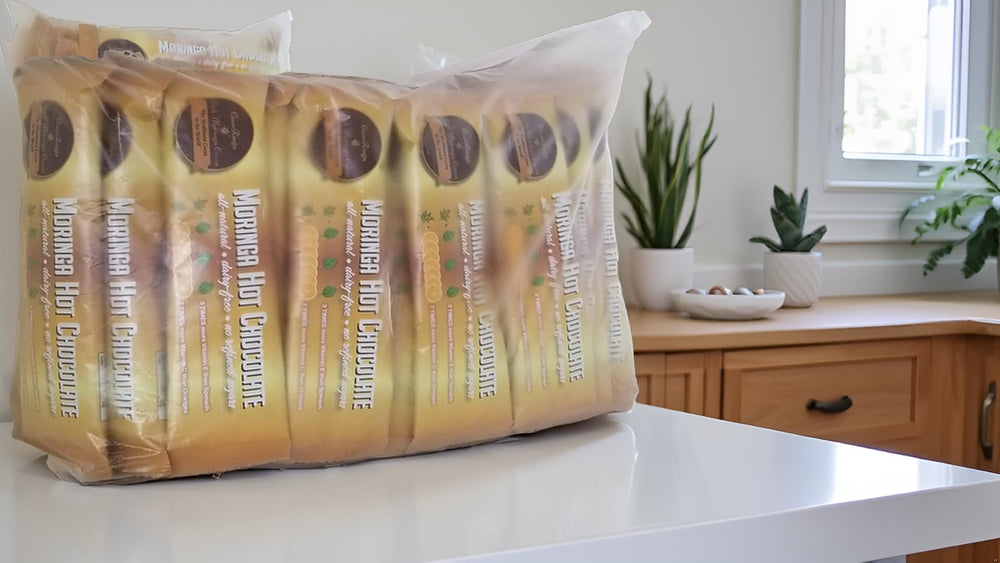 CocoRinga Moringa Hot Chocolate bulk bag with 50 packets for easy mornings.