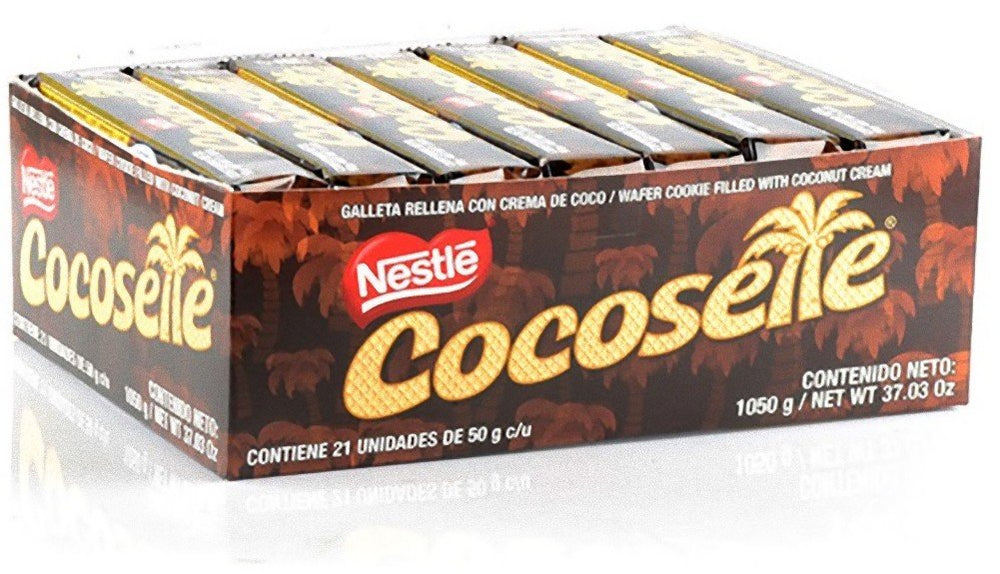 Cocosette front-pack image shows coconut-cream wafers for on-the-go snacking.