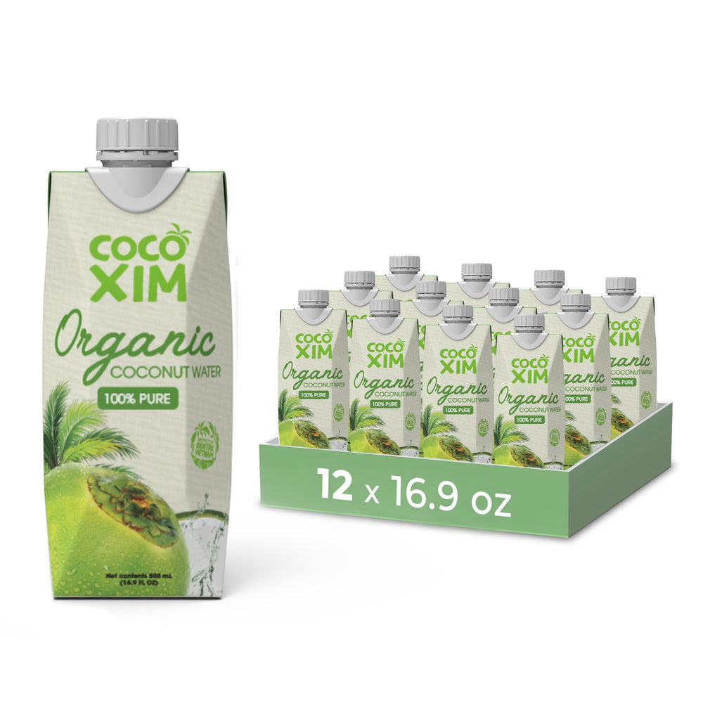 Cocoxim coconut water 12-pack bottles ready for refreshing hydration on the go.