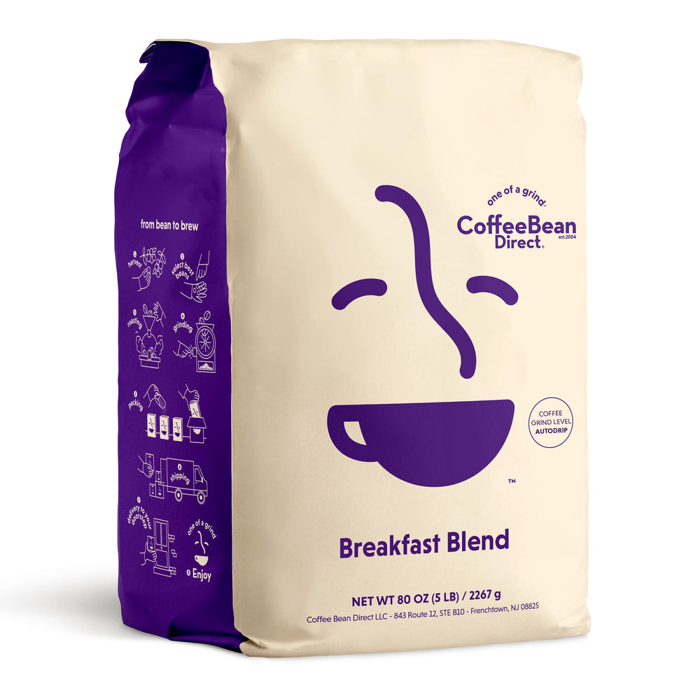 Coffee Bean Direct Breakfast Blend front label highlights a balanced, mild start for mornings.