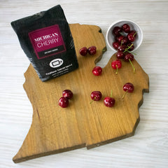 Michigan Cherry flavored coffee beans ready to brew a smooth, flavorful cup.