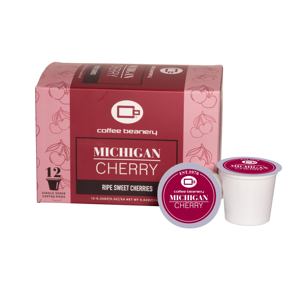 Coffee Beanery Michigan Cherry Pods front packaging for easy home brewing