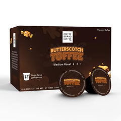Coffee Brand Coffee butterscotch-toffee Kcups package shows premium single-serve pods.