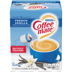 Coffee Mate French Vanilla liquid creamer packaging box showcasing convenient singles.