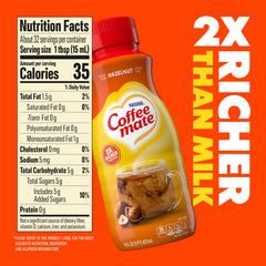 Close-up of Coffee Mate Hazelnut Creamer bottle showing dairy-free formula