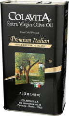 Colavita premium EVOO tin on shelf underscoring durable packaging and freshness