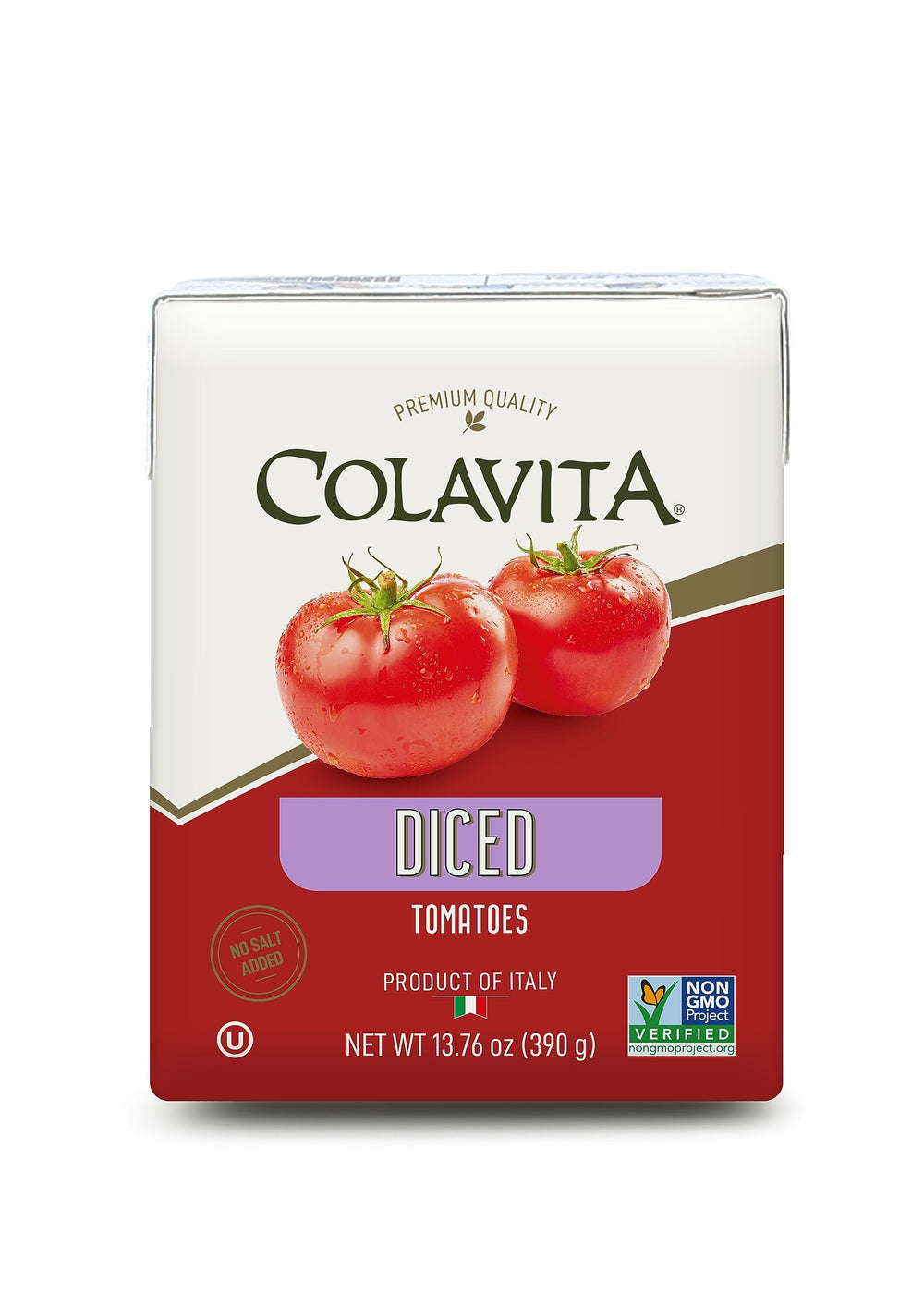 Colavita Recart diced tomatoes close-up showing uniform chunks for quick sauces.