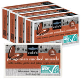 Cole's Patagonian smoked mussels can with lemon and garlic in EVOO, ready to eat