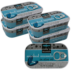 Cole's Patagonian smoked mussels in olive oil front can, protein-rich snack