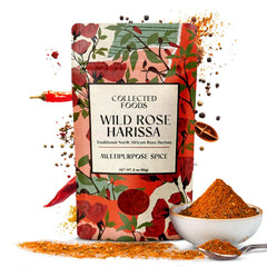 Collected Foods Rose Harissa spice blend jar close-up highlighting premium ingredients for bold Moroccan flavor