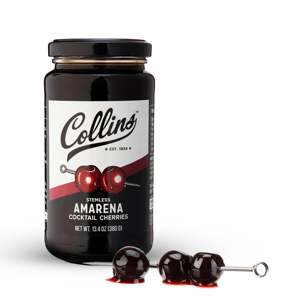 Collins Amarena cherries in syrup jar ready for authentic cocktails