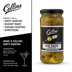 Collins Blue Cheese Olives brine jar snack ready to enjoy.