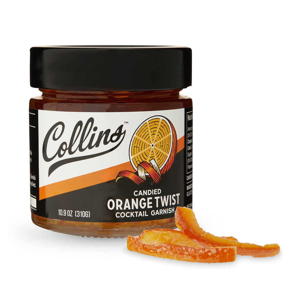 Collins Candied Orange Peel Twist jar ready to garnish cocktails with citrus depth
