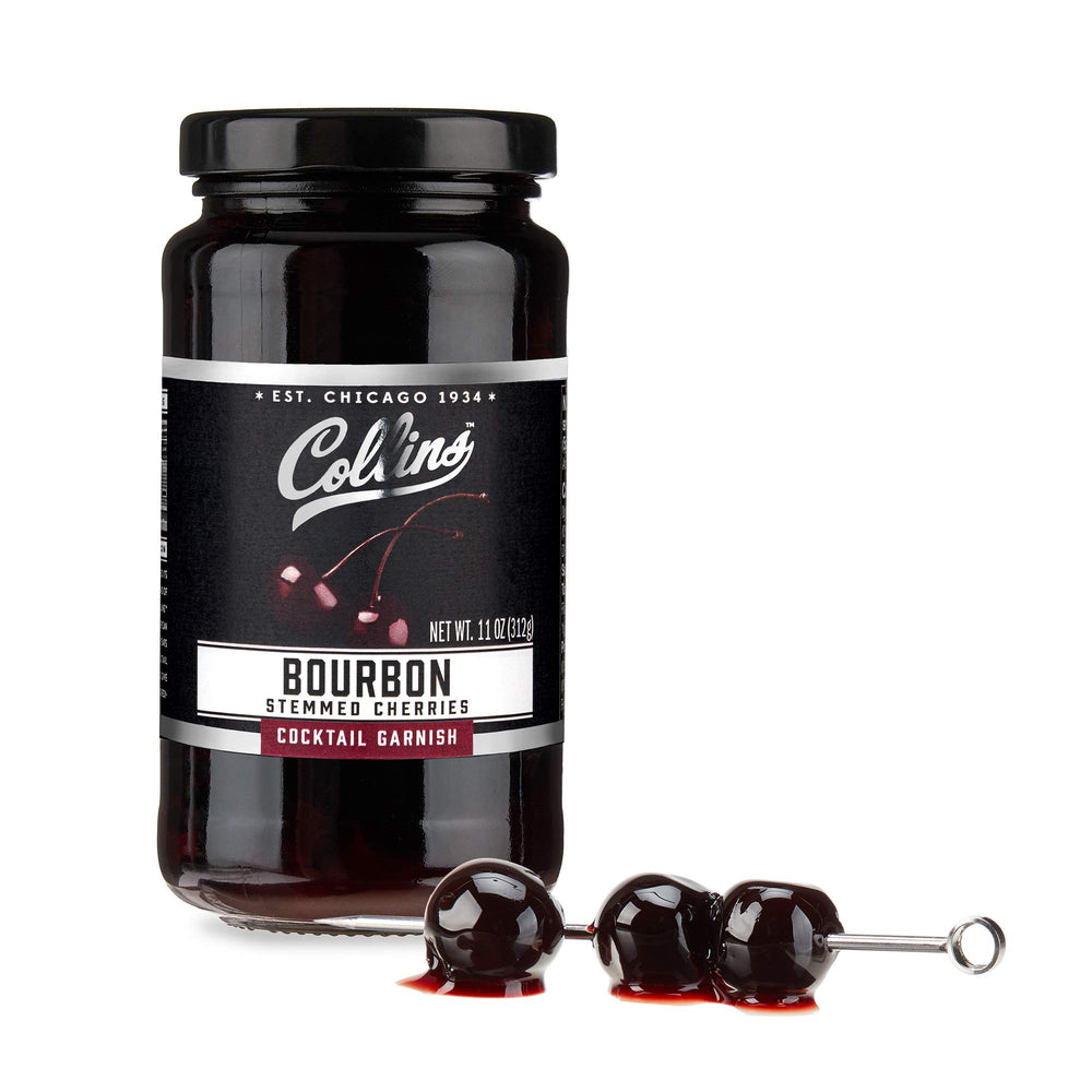 Collins Chicago bourbon cherries in a jar closeup, rich garnish for cocktails.