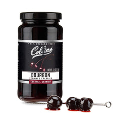 Collins Chicago bourbon cherries in a jar closeup, rich garnish for cocktails.