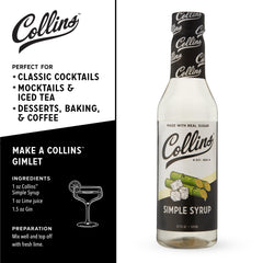 Collins Chicago Simple Syrup labeled bottle on bar counter