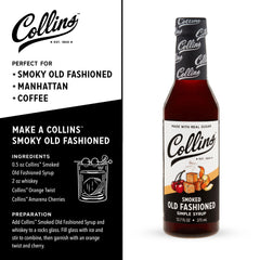Collins Chicago Smoked Old Fashioned Syrup in a glass with ice, showcasing cherry sweetness.