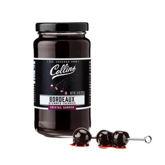 Collins Chicago stemmed Bordeaux cherries in jar, elegant cocktail garnish.