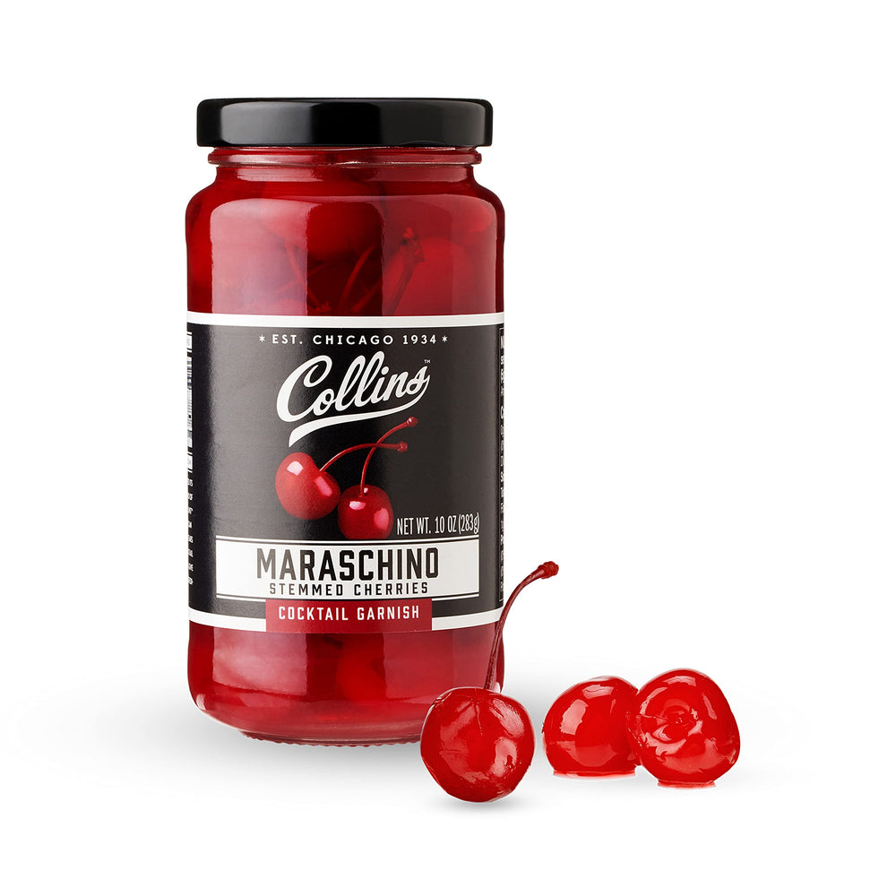 Collins Chicago stemmed Royal Anne cherries garnish for Old Fashioned.