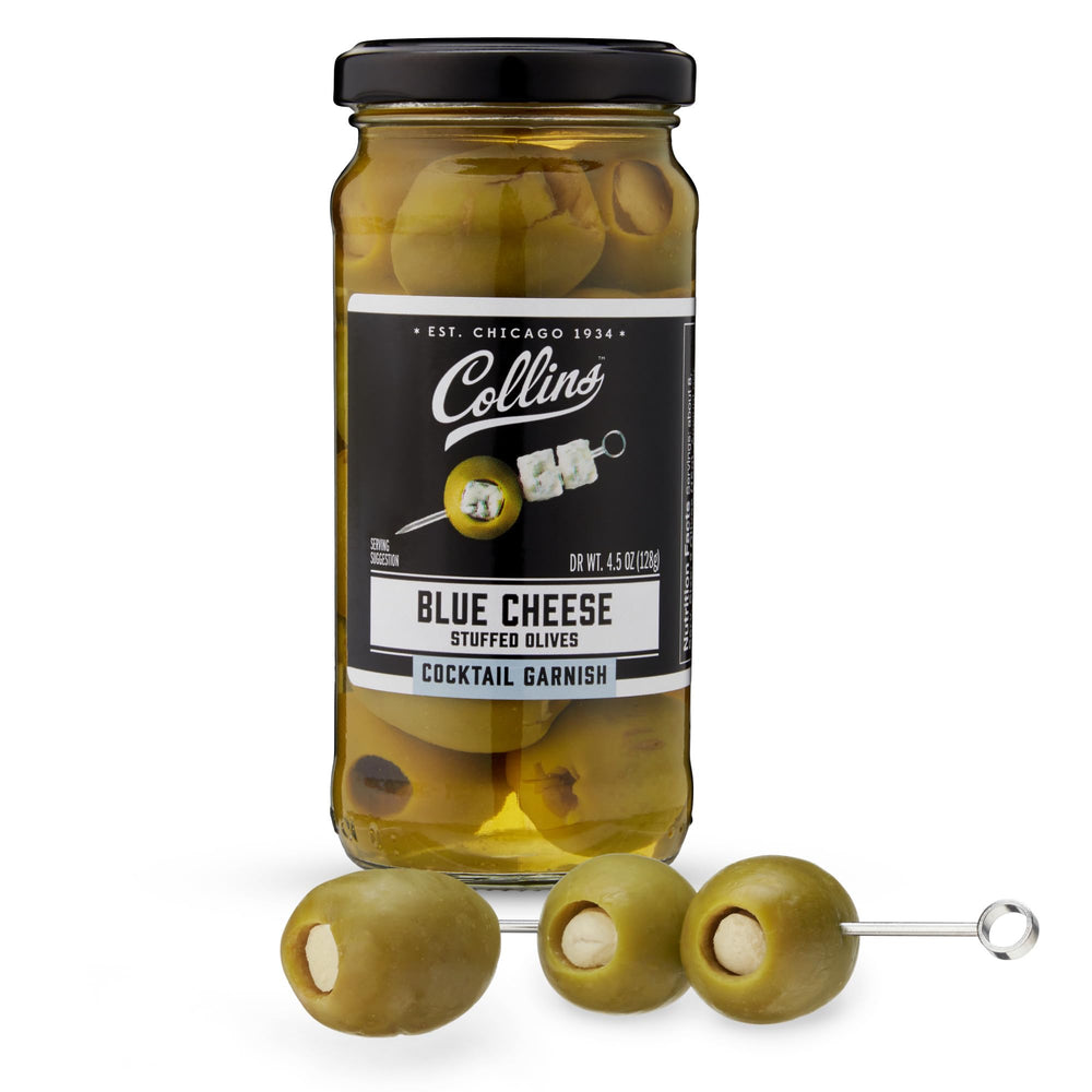 Collins Gourmet Blue Cheese Olives bottle closeup; ideal cocktail garnish.