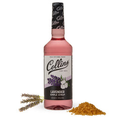Collins Lavender Simple Syrup bottle on a bar cart for easy craft cocktails