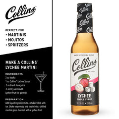 Collins Lychee Syrup in a martini glass showcases elegant drinks