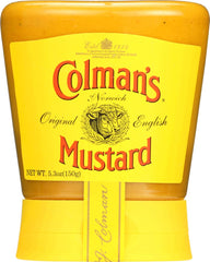Colman's Original English Mustard bottle front view, easy squeeze for quick meals.