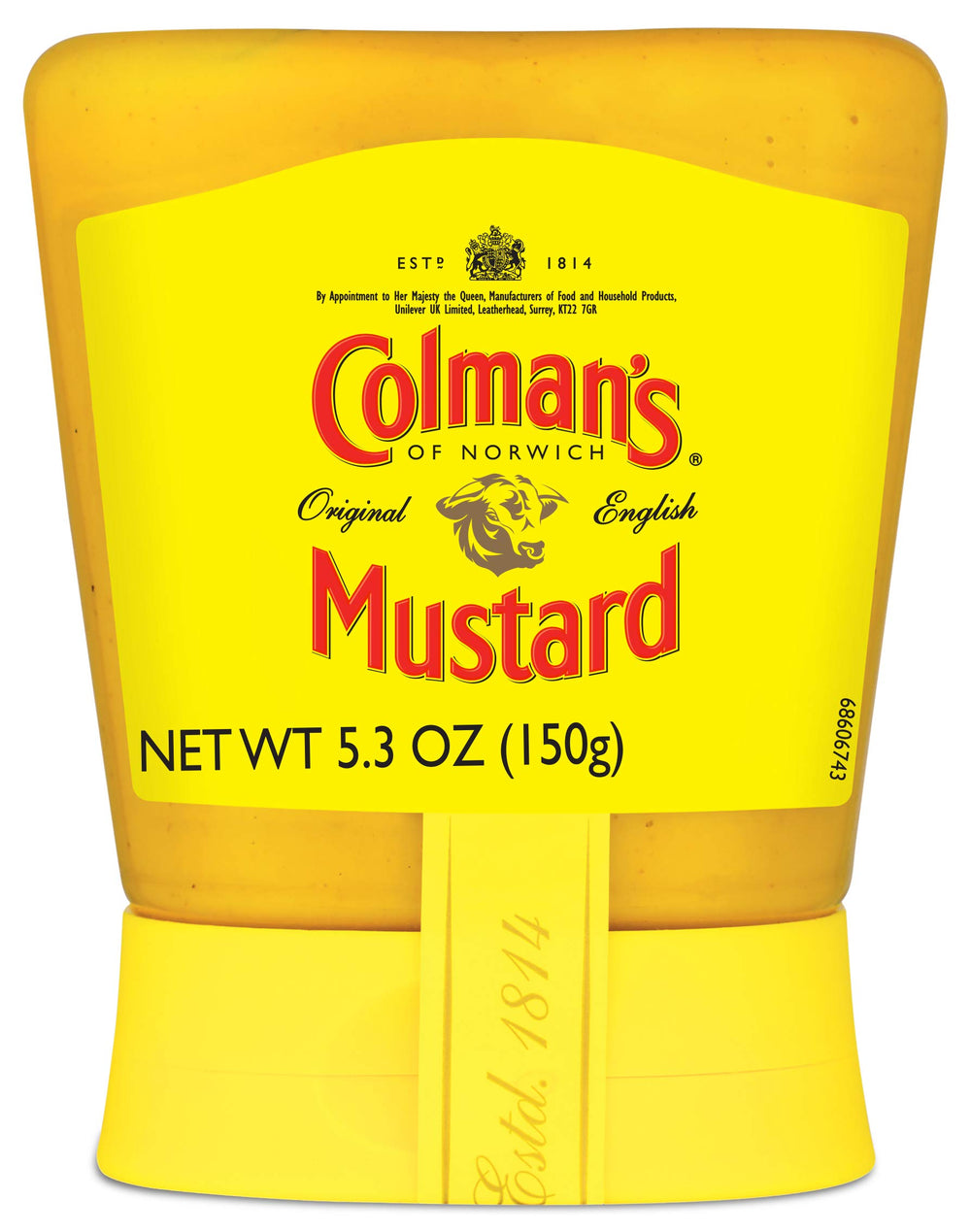 Colman's Squeezy Mustard bottle front view, easy squeeze for quick, tangy flavor.