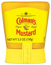 Colman's Squeezy Mustard bottle front view, easy squeeze for quick, tangy flavor.