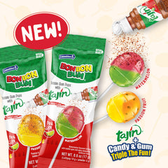 Colombina Bon Bon Bum lollipop with Tajín dust showing tangy zest and playful dip.