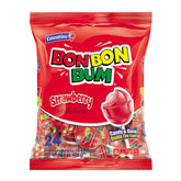 Colombina Bon Bon Bum strawberry lollipop packaging shown for easy sharing and gifting.