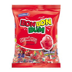 Colombina Bon Bon Bum strawberry lollipop packaging shown for easy sharing and gifting.