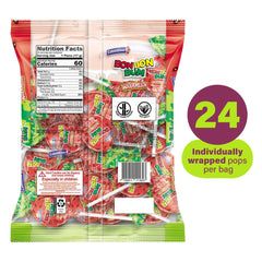 Colombina Bon Bon Bum Watermelon center bubblegum lollipop for playful chewing.