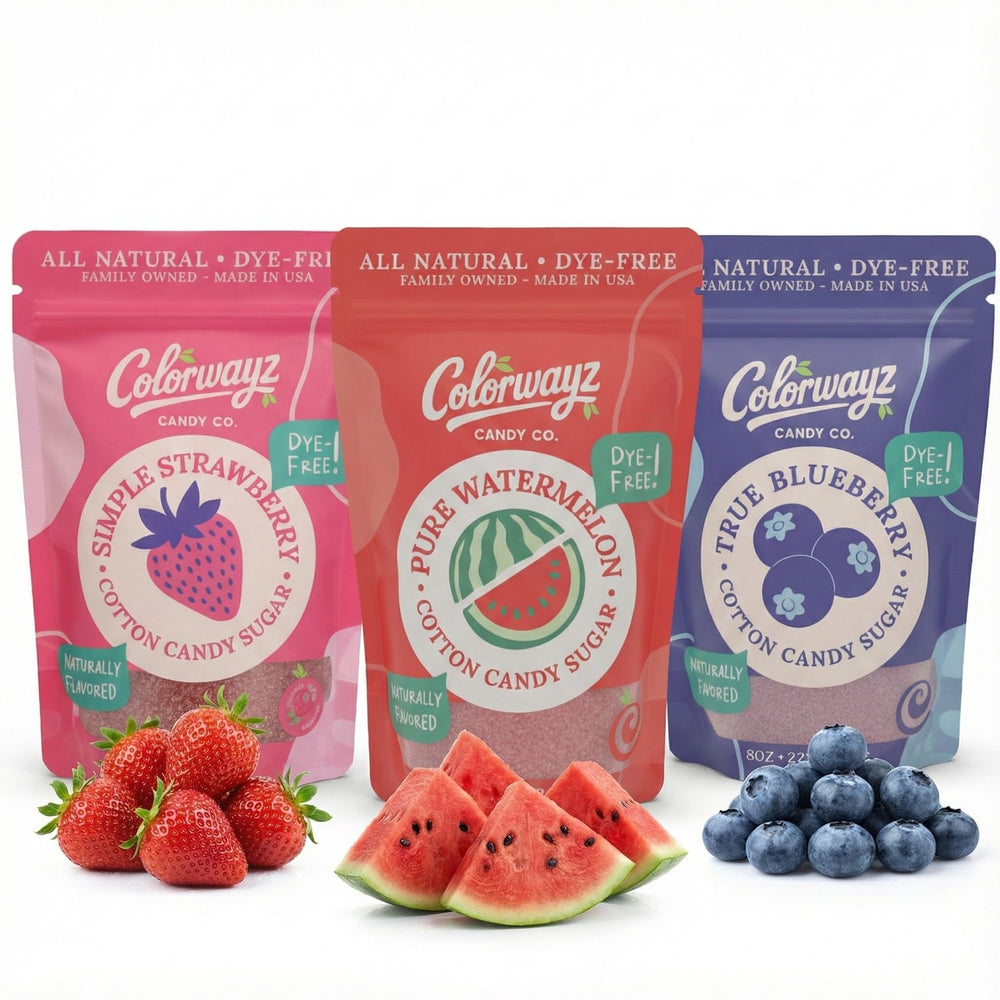 Colorwayz dye-free strawberry cotton candy sugar in an 8oz bag, ready for delicious spins.