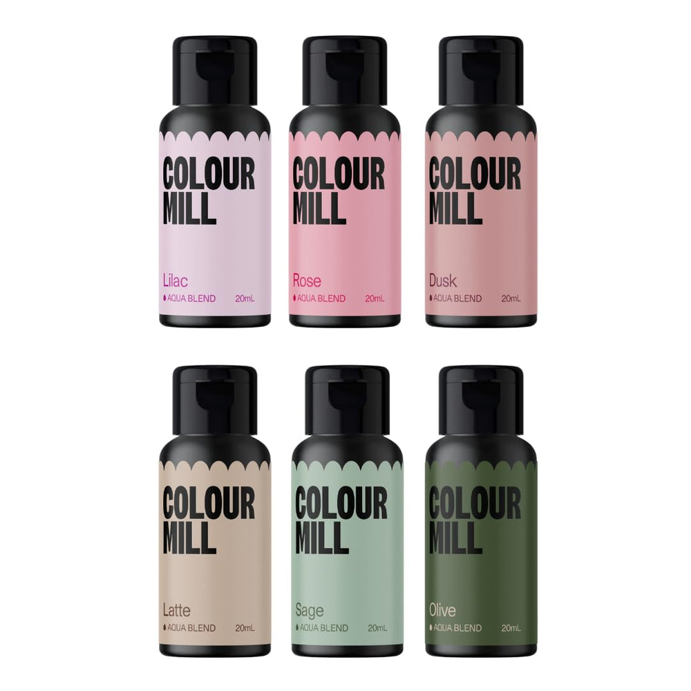 Colour Mill Aqua Blend Dusk bottle shows vibrant color for oil-free icing and batters.