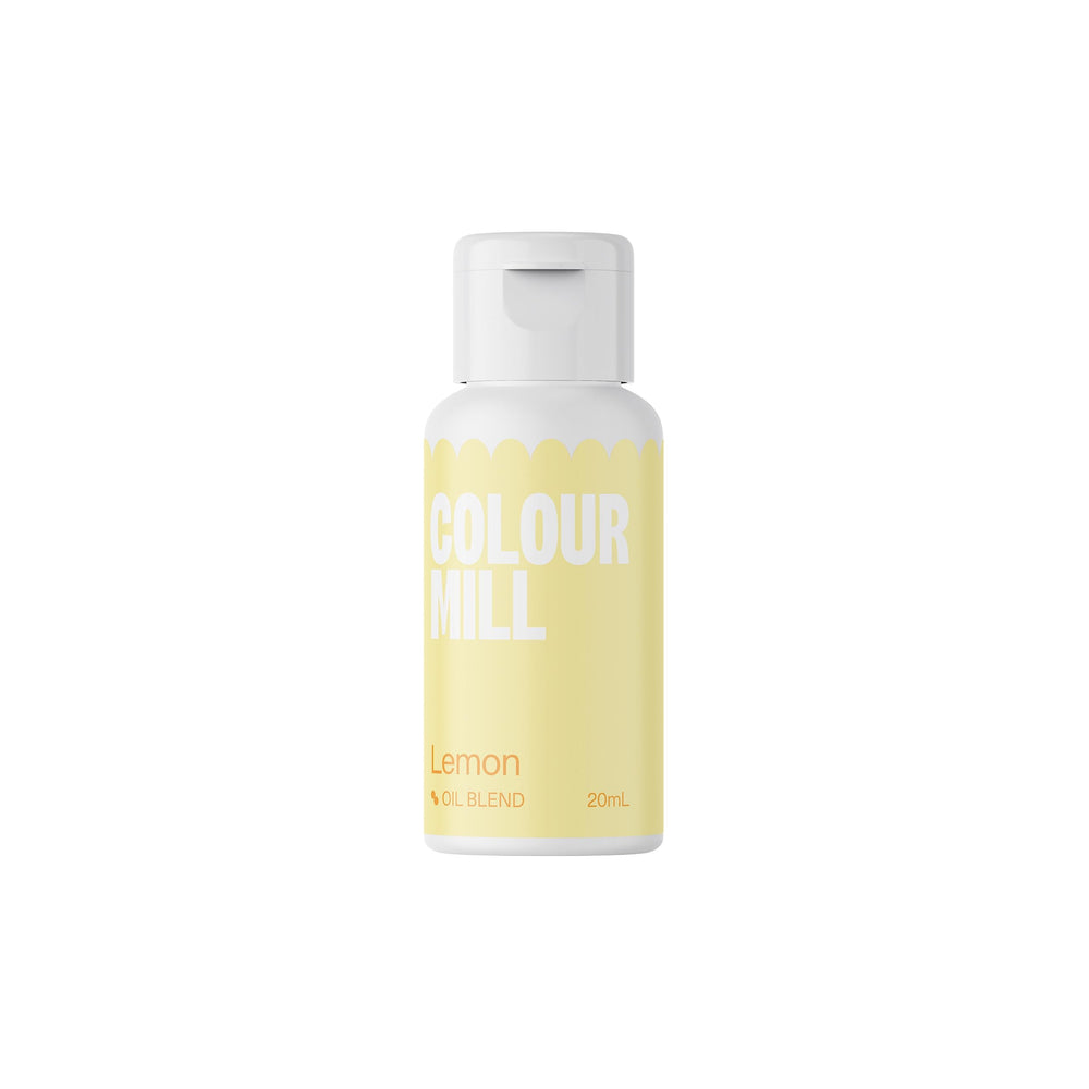 Colour Mill Lemon oil-based color bottle closeup for vibrant cake decorating