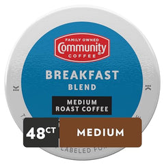 Community Coffee Breakfast Blend pods in a 48-count box for home or office use.