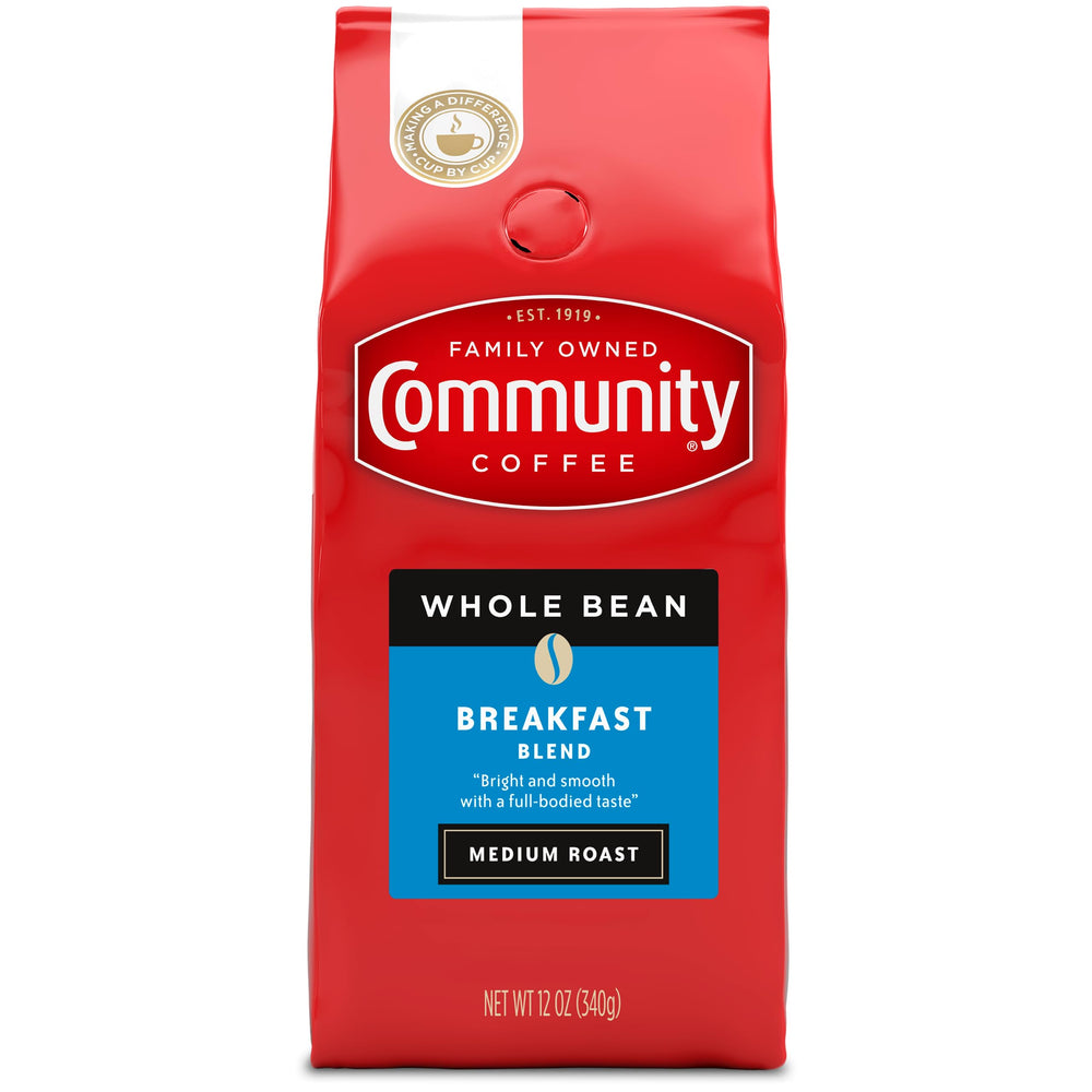 Community Coffee Breakfast Blend whole bean 12 oz bag with bright aroma and versatile grind.