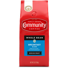 Community Coffee Breakfast Blend whole bean 12 oz bag with bright aroma and versatile grind.