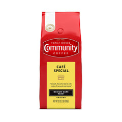 Community Coffee Café Special Blend ground coffee in a 32 oz bag ready for brewing.