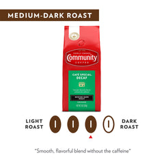 Community Coffee Café Special Decaf drip brew shows smooth, full-bodied flavor.