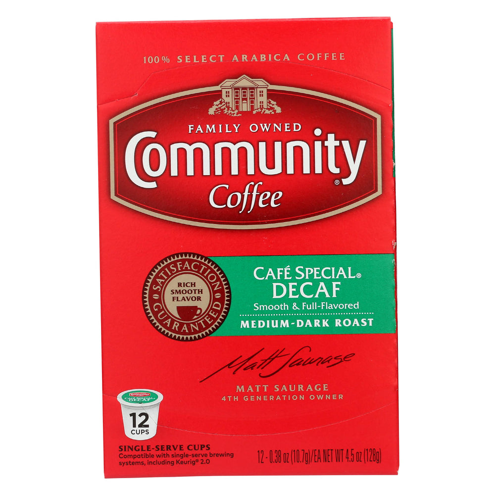 Community Coffee Cafe Special Decaf pack front shows a 12-count box for Keurig brewing