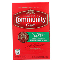 Community Coffee Cafe Special Decaf pack front shows a 12-count box for Keurig brewing