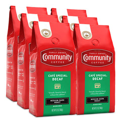 Community Coffee Cafe Special Decaf packaging displays a convenient six-pack.