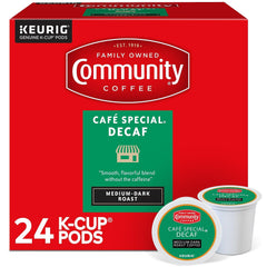 Community Coffee Cafe Special Decaf pods in pack for quick caffeine-free mornings.
