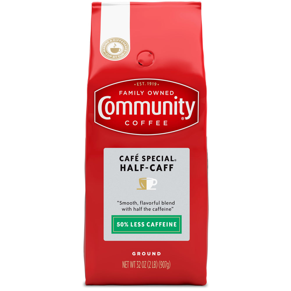 Community Coffee Cafe Special Half-Caff bag shows balanced mornings with half-caffeine convenience.