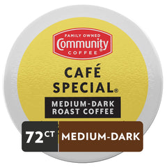 Community Coffee Café Special pods beside a Keurig brewer for quick mornings.