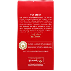 Community Coffee Coffee and Chicory bag back, details on flavor and sourcing.