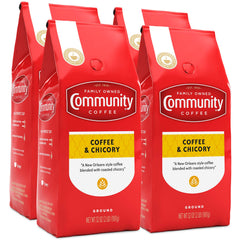 Community Coffee Coffee and Chicory ground 4-pack 32oz bags for daily drip brewing.