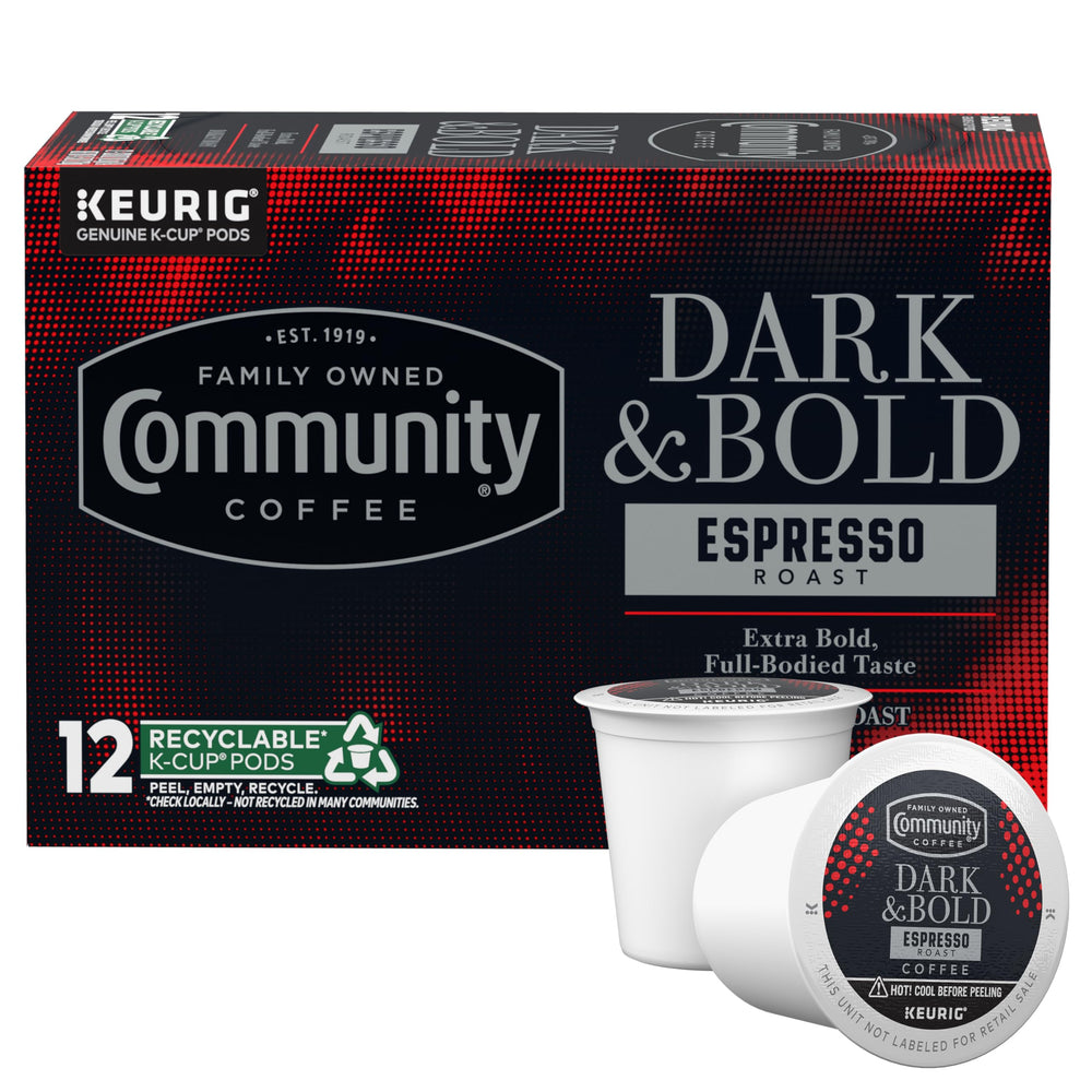 Community Coffee Dark & Bold Espresso Roast pod closeup with bold morning aroma